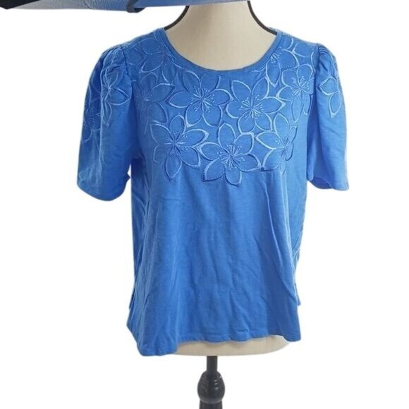 Chicos Womens Size S Blue Puff Short Sleeve Top Floral Embroidered Blouse - Picture 1 of 8